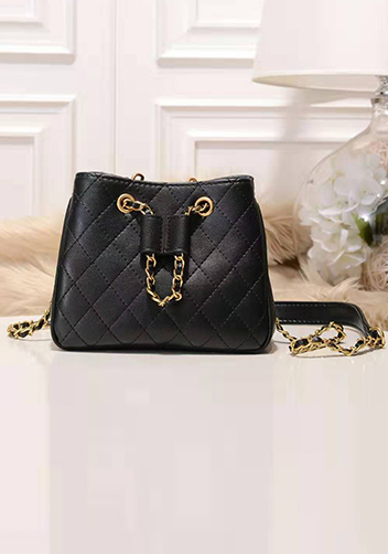 Millie Diamond Shape Quilted Leather Bucket Bag Black