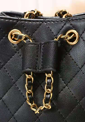 Millie Diamond Shape Quilted Leather Bucket Bag Black