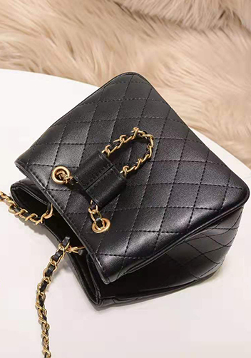 Millie Diamond Shape Quilted Leather Bucket Bag Black