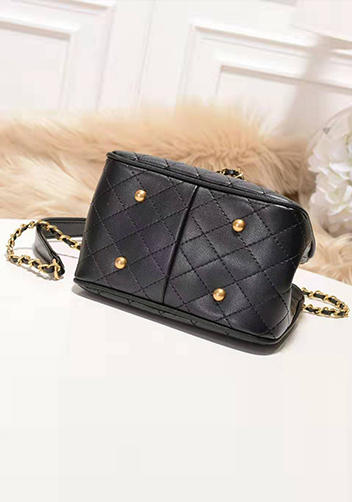 Millie Diamond Shape Quilted Leather Bucket Bag Black