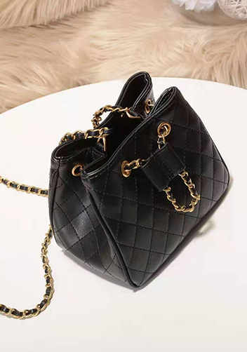 Millie Diamond Shape Quilted Leather Bucket Bag Black