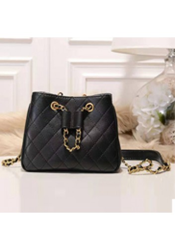 Millie Diamond Shape Quilted Leather Bucket Bag Black