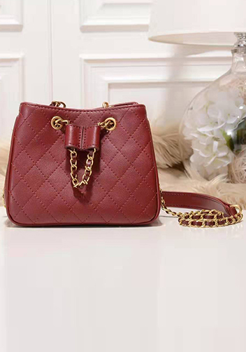 Millie Diamond Shape Quilted Leather Bucket Bag Burgundy