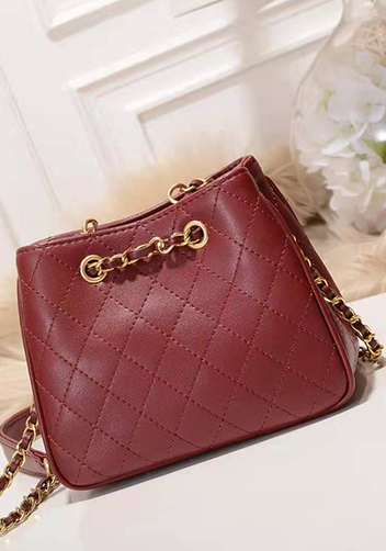 Millie Diamond Shape Quilted Leather Bucket Bag Burgundy