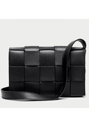 Mia Woven Leather Shoulder Bag Black