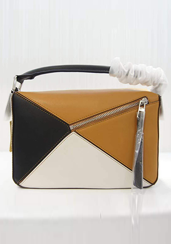 Adrienne Geometry Leather Shoulder Bag Patchwork Camel Black