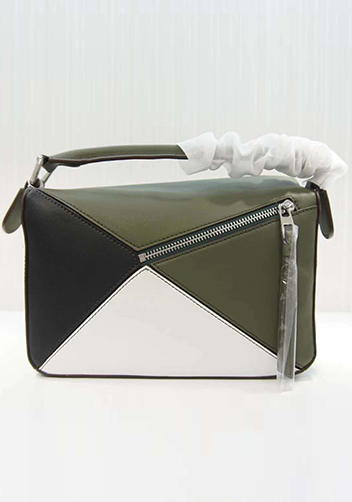 Adrienne Geometry Leather Shoulder Bag Patchwork Green White