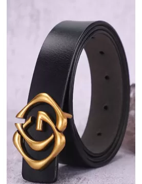 Double Square Gold Buckle Leather Belt Black