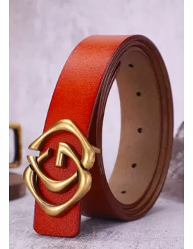 Double Square Gold Buckle Leather Belt Camel