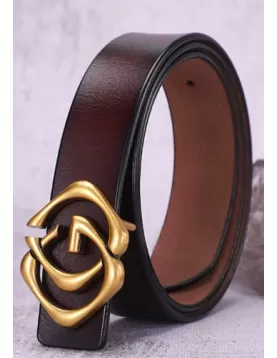 Double Square Gold Buckle Leather Belt Dark Brown