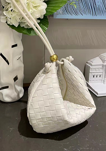 Dina U Gold Ball Woven Leather Shoulder Bag Cream