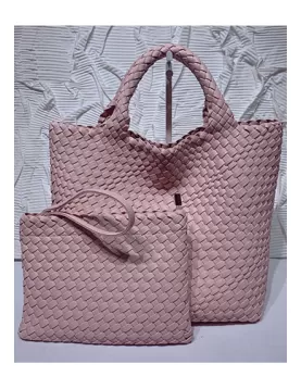 Mia Woven Tote With Pochette Pink