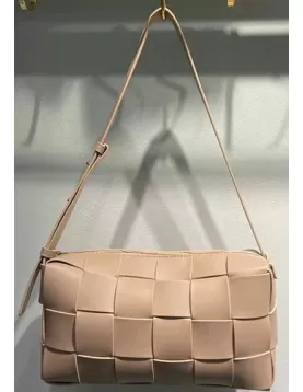 Mia Woven Smooth Leather Shoulder Bag Beige