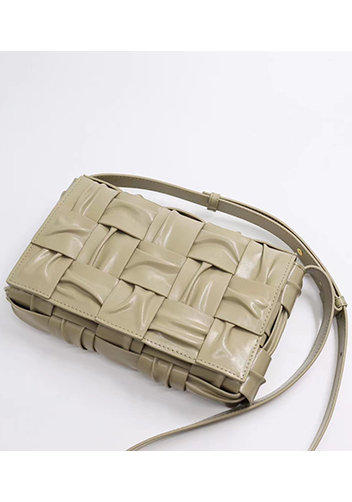 Mia 15 Square Pleated Leather Shoulder Bag Beige