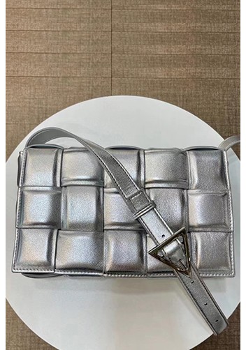 Mia Plaid Square Leather Medium Shoulder Bag Silver