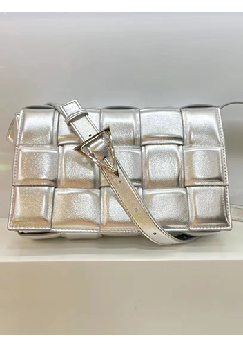 Mia Plaid Square Leather Medium Shoulder Bag Silver