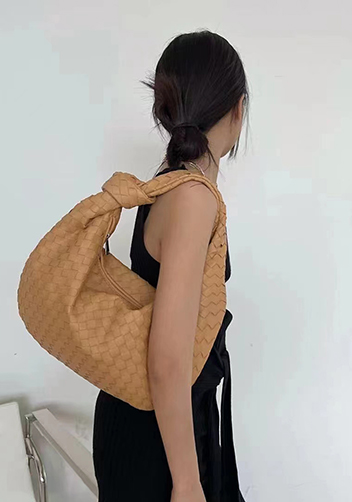 Dina Medium Knotted Intrecciato Vegan Leather Tote Camel