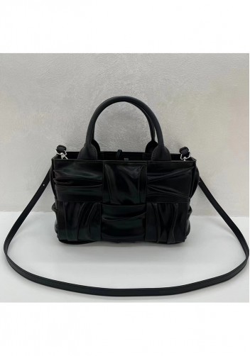 Mia Woven Pleated Leather 6 Squares Medium Tote Black