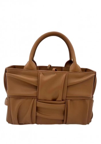 Mia Woven Pleated Leather 6 Squares Medium Tote Camel