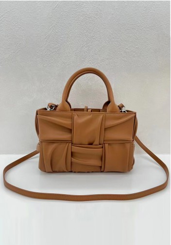 Mia Woven Pleated Leather 6 Squares Medium Tote Camel