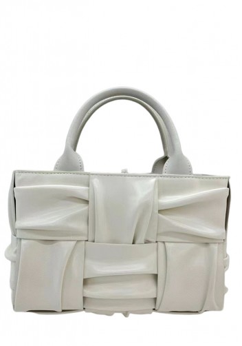 Mia Woven Pleated Leather 6 Squares Medium Tote Cream