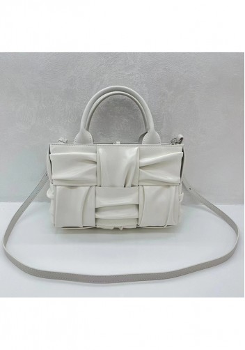 Mia Woven Pleated Leather 6 Squares Medium Tote Cream