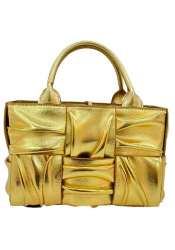 Mia Woven Pleated Leather 6 Squares Medium Tote Gold