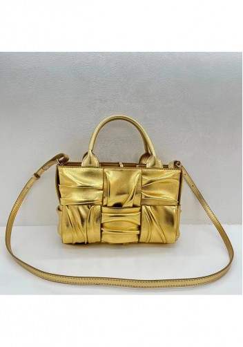 Mia Woven Pleated Leather 6 Squares Medium Tote Gold