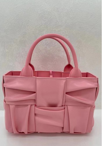 Mia Woven Pleated Leather 6 Squares Medium Tote Pink