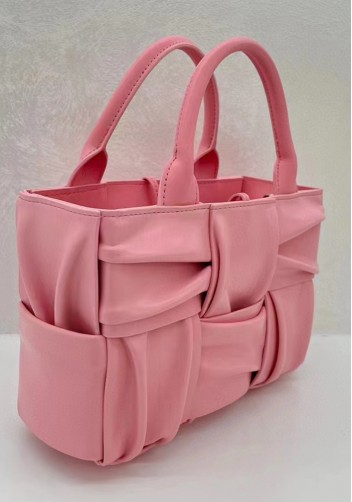 Mia Woven Pleated Leather 6 Squares Medium Tote Pink