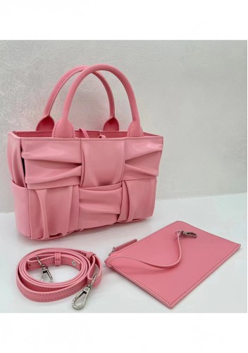 Mia Woven Pleated Leather 6 Squares Medium Tote Pink