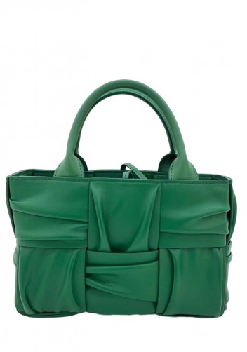 Mia Woven Pleated Leather 6 Squares Medium Tote Racing Green