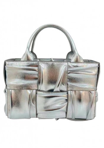 Mia Woven Pleated Leather 6 Squares Medium Tote Silver