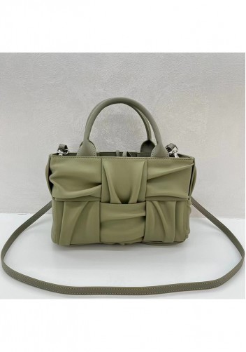 Mia Woven Pleated Leather 6 Squares Medium Tote Stone Green