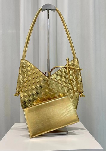 Mia Woven Leather Slim Shoulder Strap Bag Gold