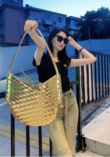 Mia Woven Leather Slim Shoulder Strap Bag Gold