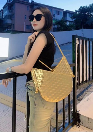 Mia Woven Leather Slim Shoulder Strap Bag Gold