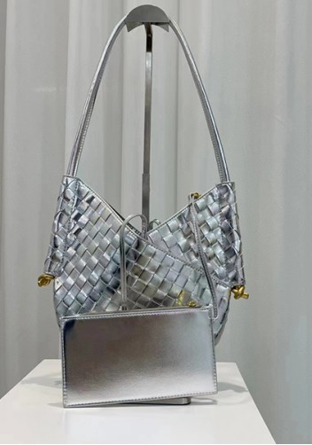 Mia Woven Leather Slim Shoulder Strap Bag Silver