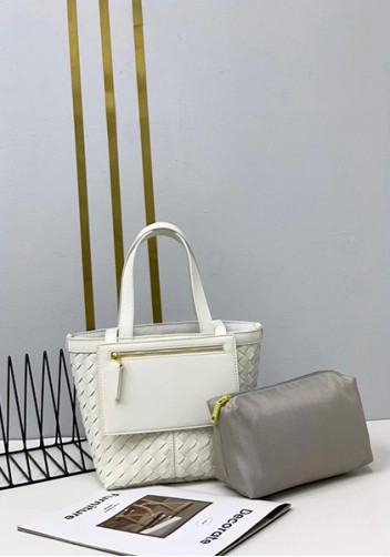 Mia Woven Leather Flip Flap Tote Cream