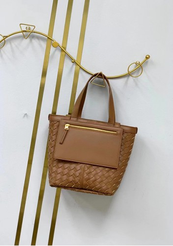 Mia Woven Leather Flip Flap Tote Milk Tea