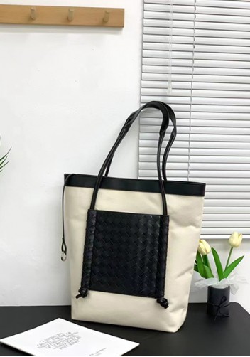 Mia Woven Leather Canvas Vertical Tote Black