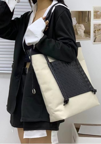 Mia Woven Leather Canvas Vertical Tote Black