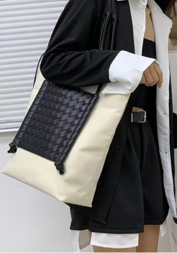 Mia Woven Leather Canvas Vertical Tote Black