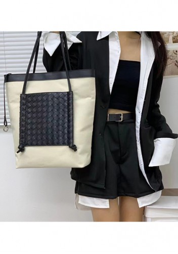 Mia Woven Leather Canvas Vertical Tote Black