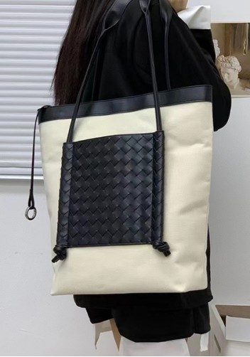 Mia Woven Leather Canvas Vertical Tote Black