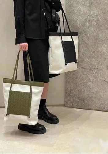 Mia Woven Leather Canvas Vertical Tote Black