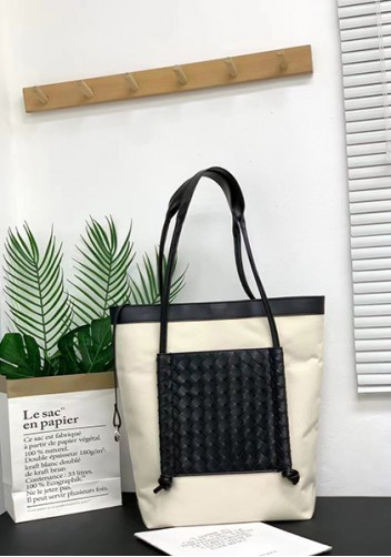 Mia Woven Leather Canvas Vertical Tote Black