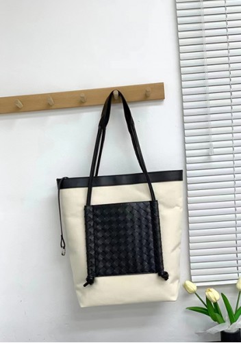 Mia Woven Leather Canvas Vertical Tote Black