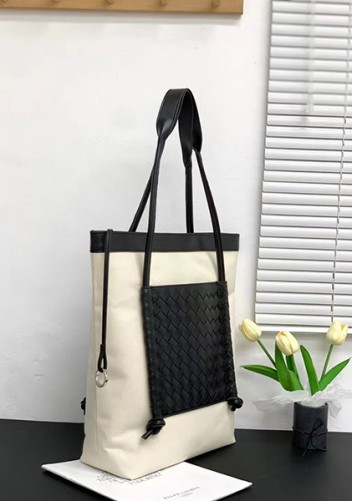 Mia Woven Leather Canvas Vertical Tote Black