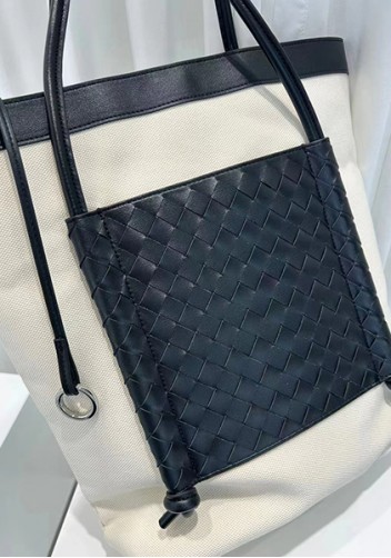 Mia Woven Leather Canvas Vertical Tote Black